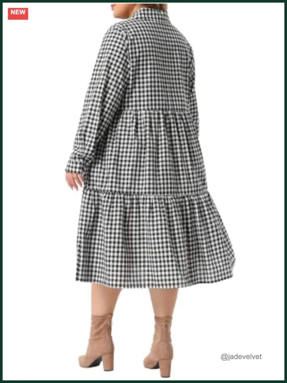 Plus Size Long Sleeve Gingham Midi Dress, Cotton Blend Button Down Vintage